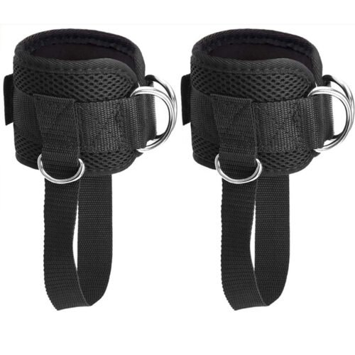 Ankle straps with double D-ring for resistance training.