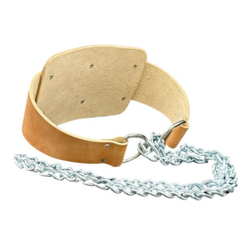 Heavy-duty Leather Dip Belt with a secure chain for adding weights during strength training.