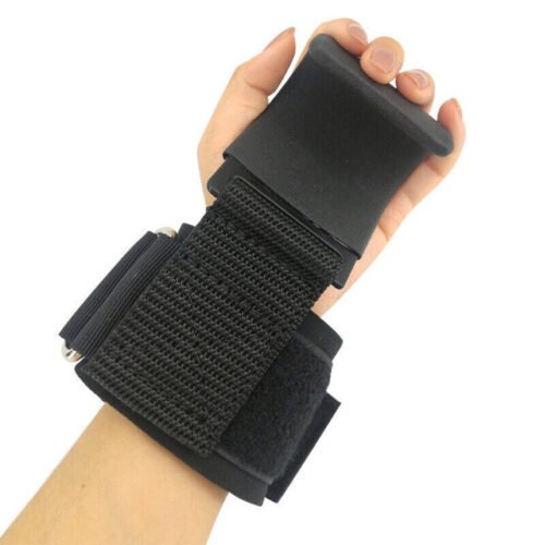 Heavy-duty metal weightlifting hooks with neoprene padded wrist wraps.