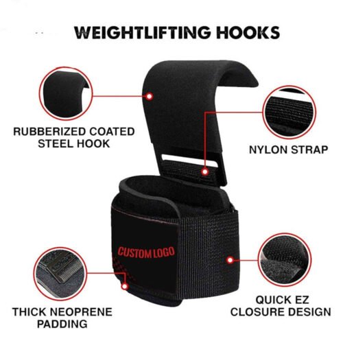 Heavy duty weightlifting steel hooks with neoprene padded wrist wraps for enhanced support.