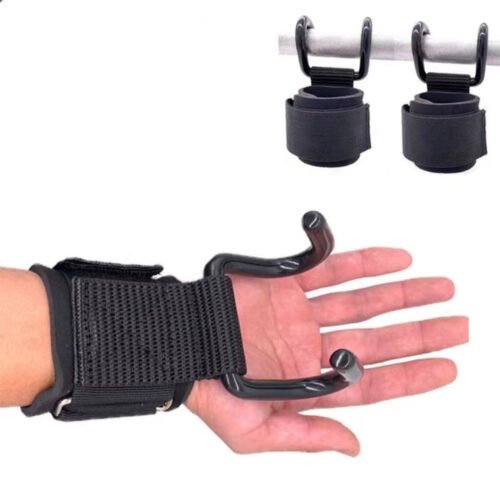 Lifting hooks with padded wrist straps for improved grip and support.