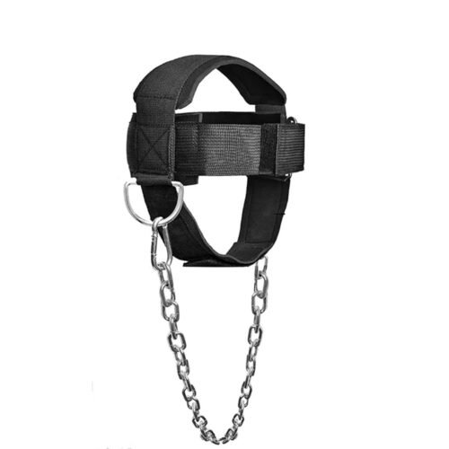 Adjustable neck training head harness with padded straps for weight lifting.