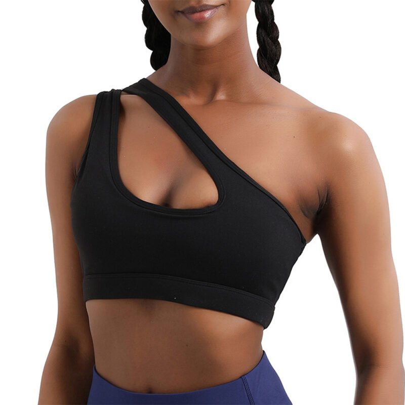 Custom one-shoulder yoga bra for women, available in multiple colors.