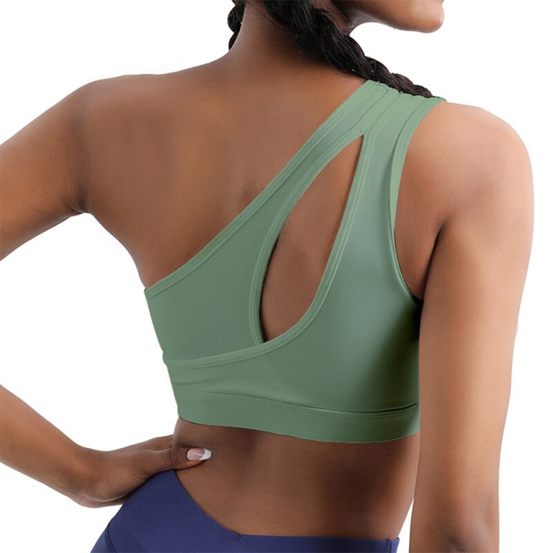 One-shoulder yoga bra with moisture-wicking fabric for fitness and gym wear.