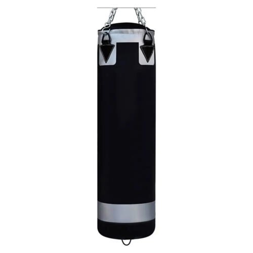 Durable hanging punching bag for boxing training.