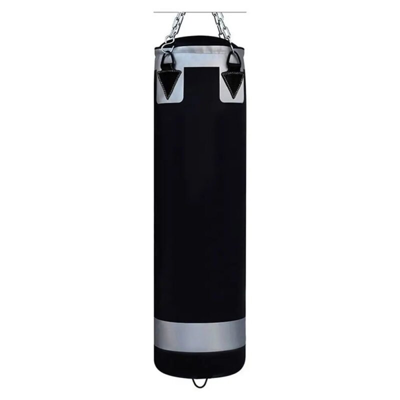 Durable hanging punching bag for boxing training.