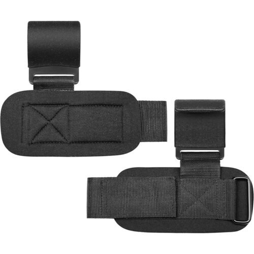 Heavy-duty wrist wraps with weight lifting hooks for secure lifts.